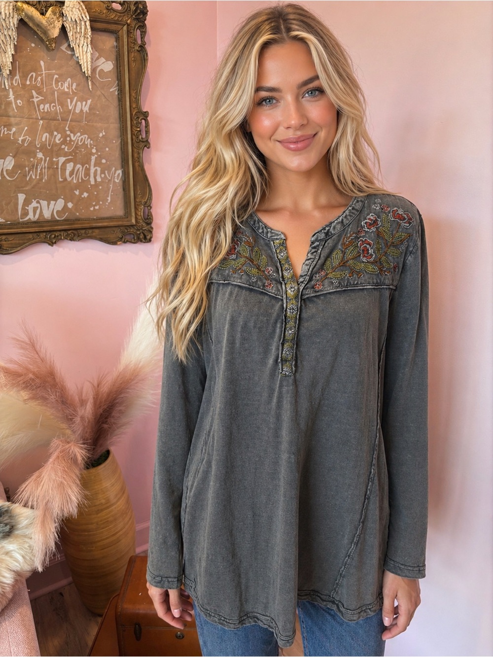 NorthStyle Washed Slate-Gray Embroidered Yoke Tunic Boho Chic